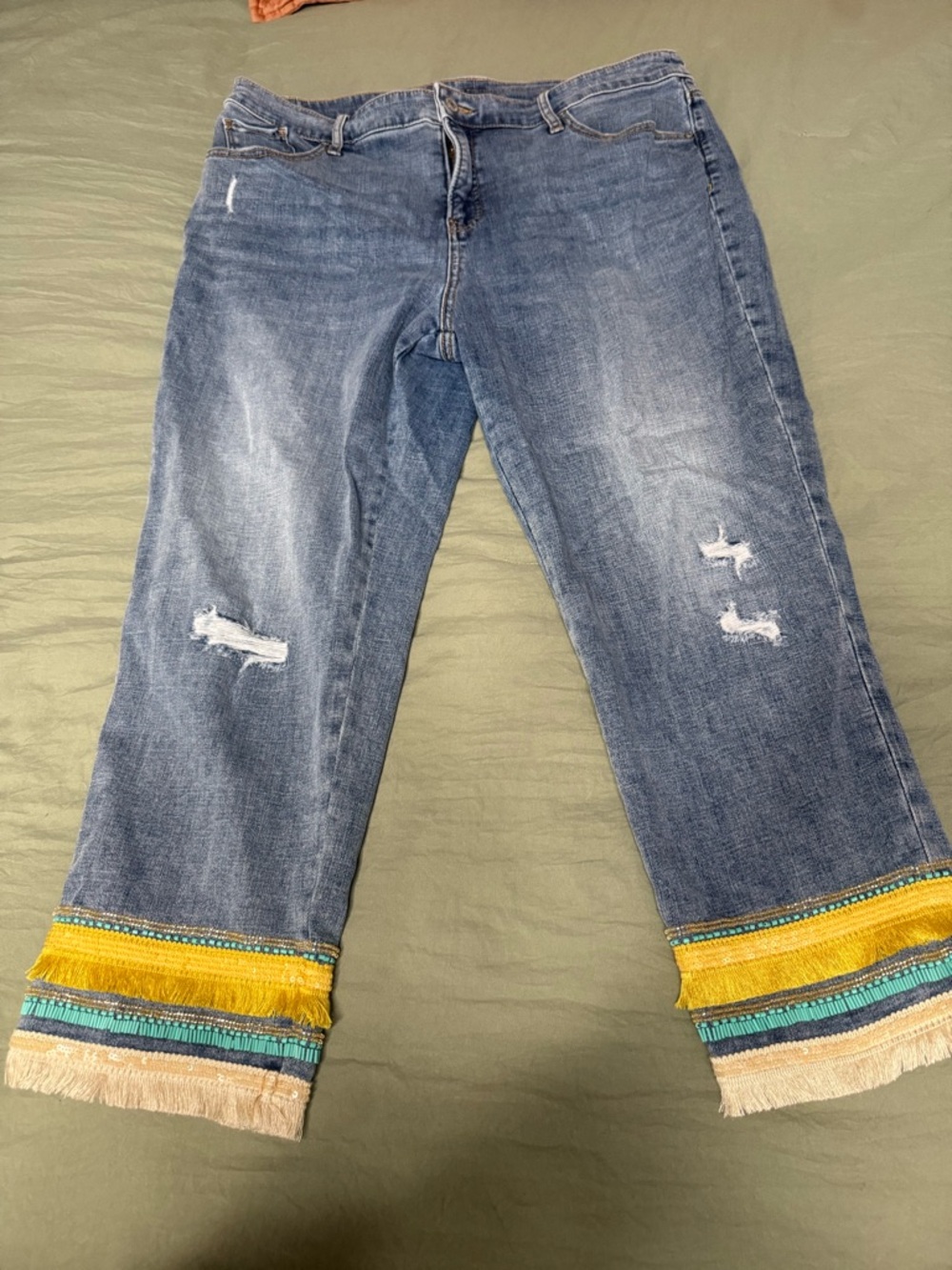 Chico's Blue Distressed Cropped Jeans with Yellow & Teal Fringe